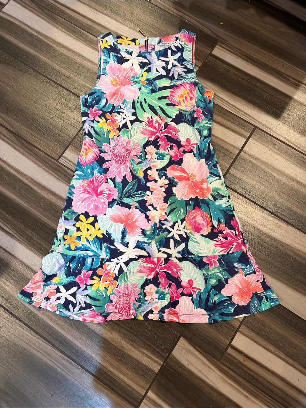 Tommy Bahama Navy Midi Dress with Pink & Green Tropical Floral Print